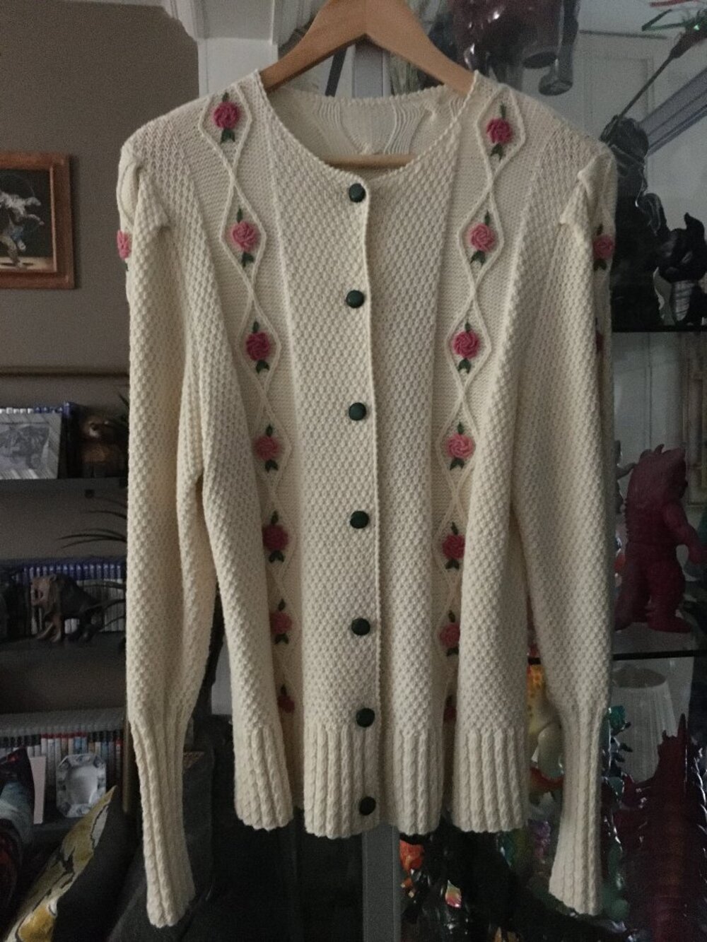Vintage Hand-Knit 3D Rose Cardigan Sweater Cream Cottagecore Mori Kei - Picture 3 of 16